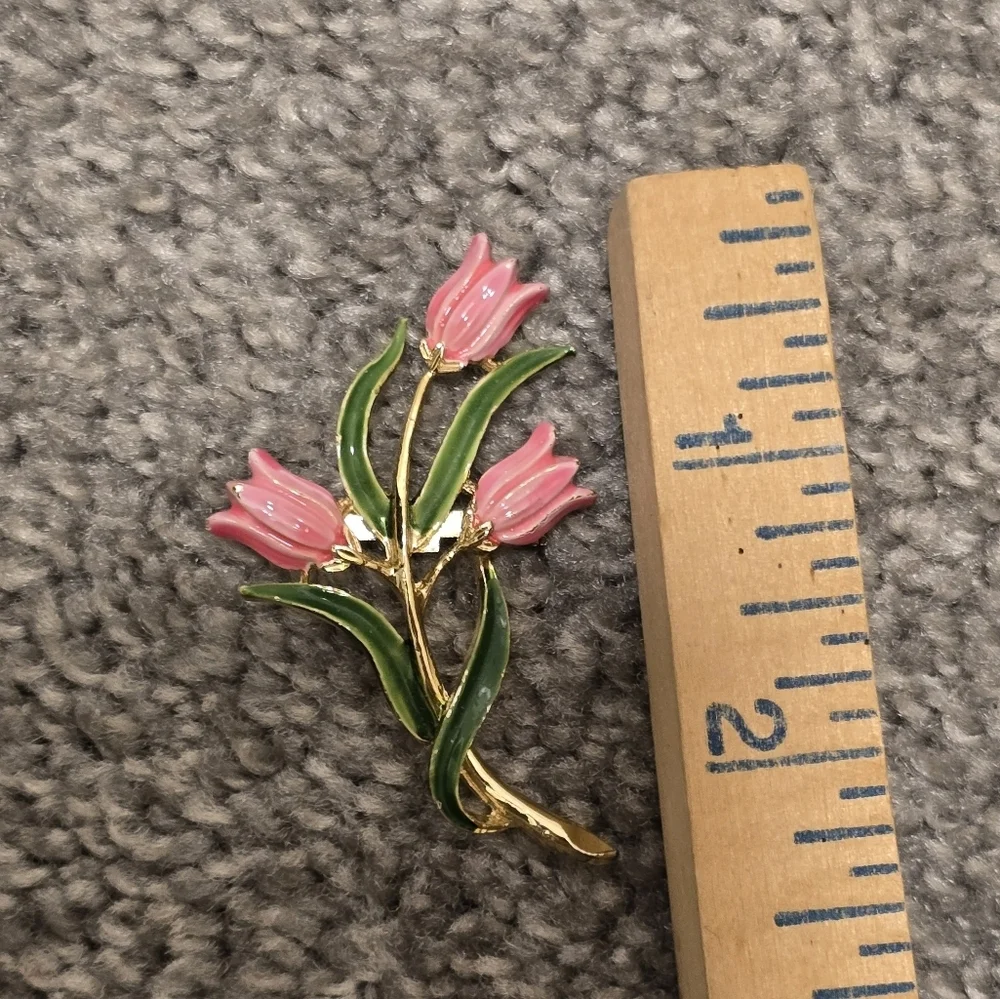 Vintage Pink Tulip and Green Floral Brooch Pin Charm Accent Assessory